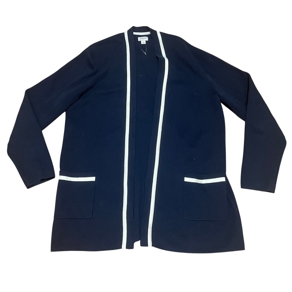 J.Crew Womens L Navy Blue White Nautical Open Front Cotton Cardigan Sweater NWOT